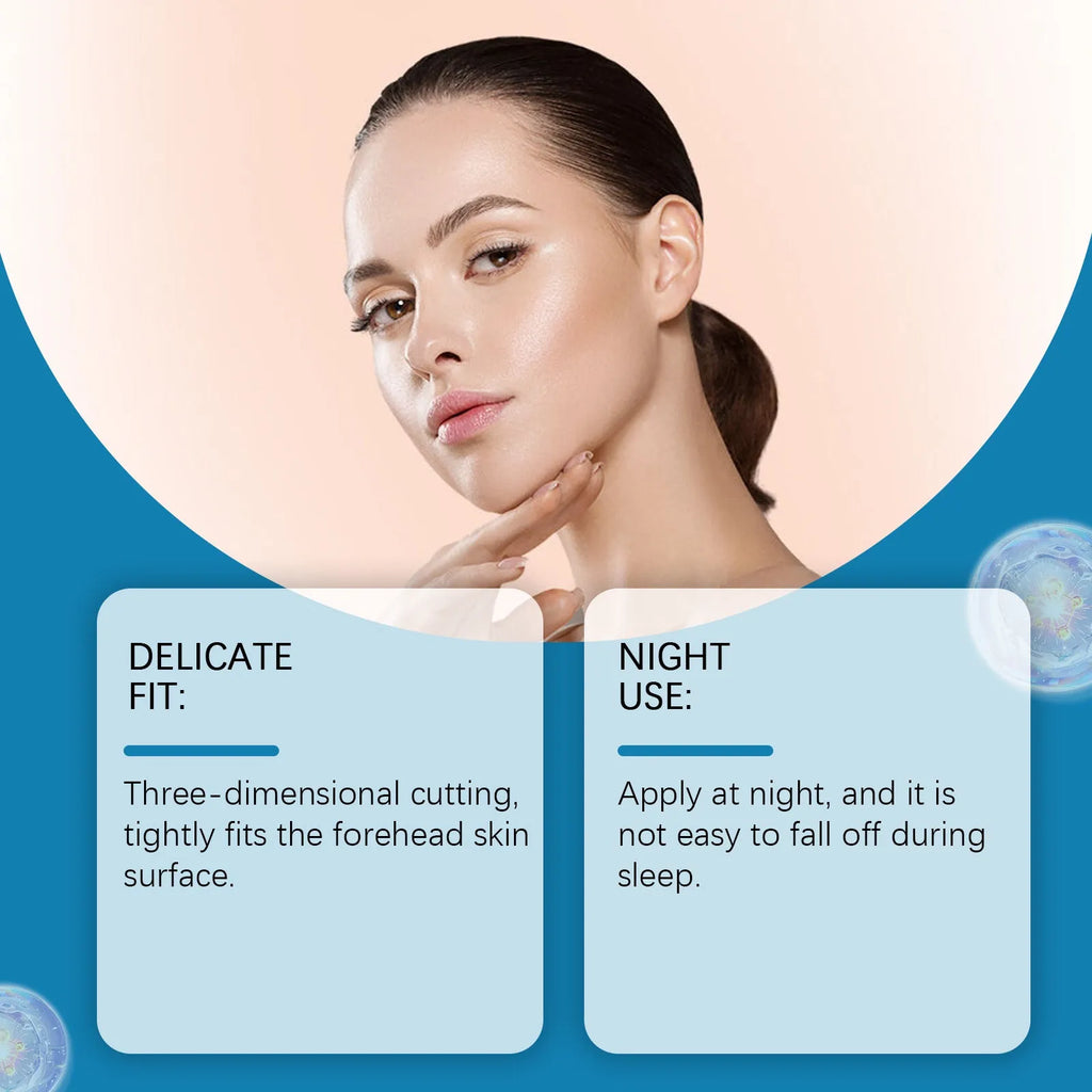 Pack of five white forehead skincare patches on non-woven fabric for moisturising treatment.