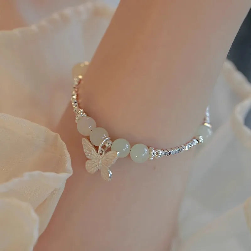 Hetian jade butterfly bracelet and necklace set for women with silver electroplated finish