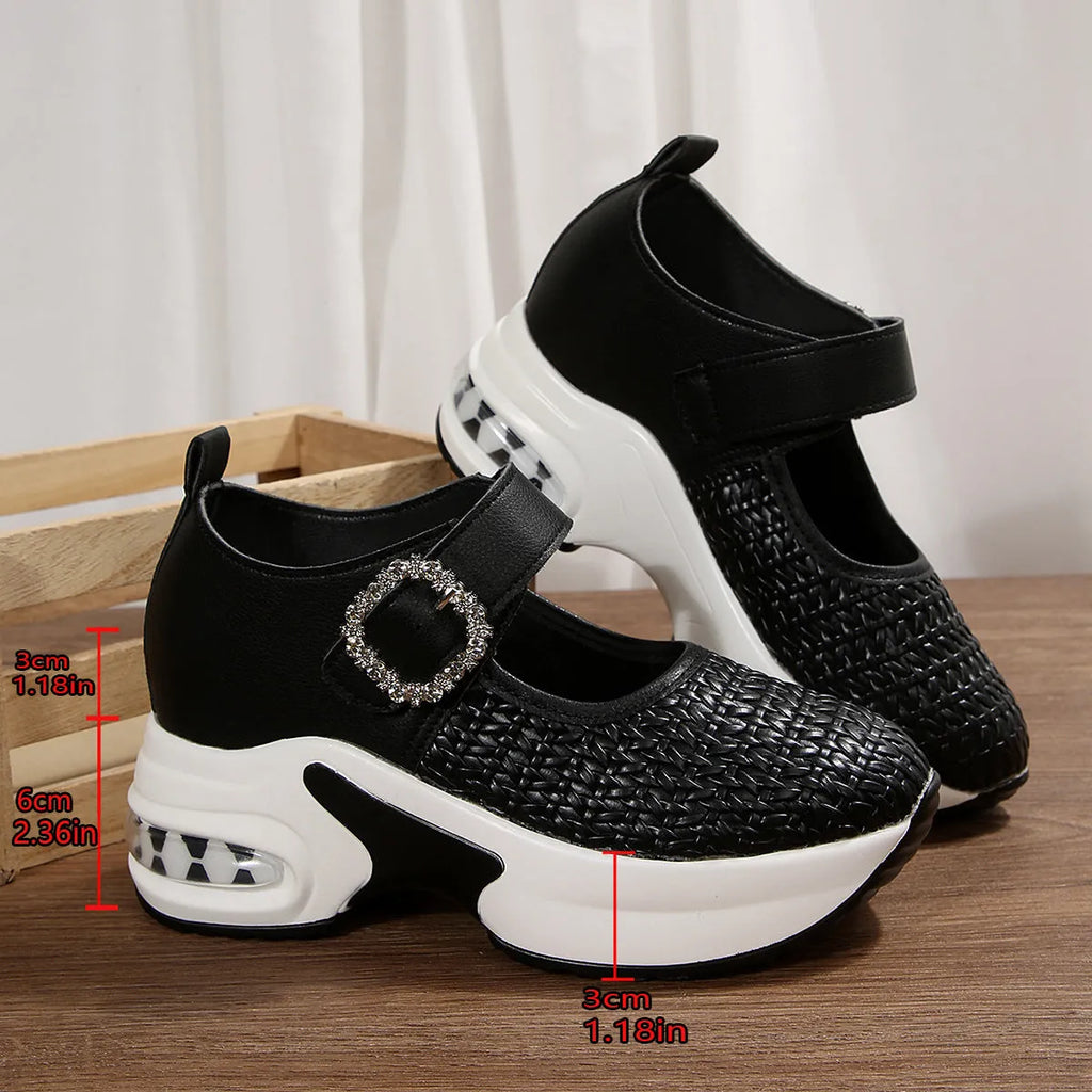Woven wedge shoes for women solid colour black low top mid heel 3-5CM rubber sole leather lining