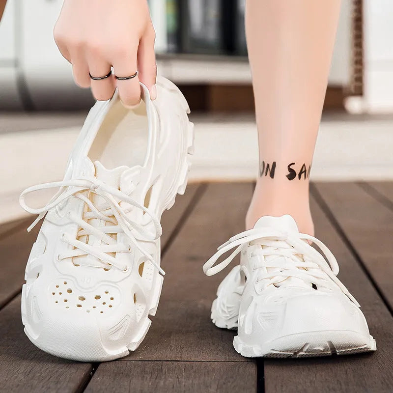 Men's black lace-up outdoor sports sandals with EVA sole on a white background.