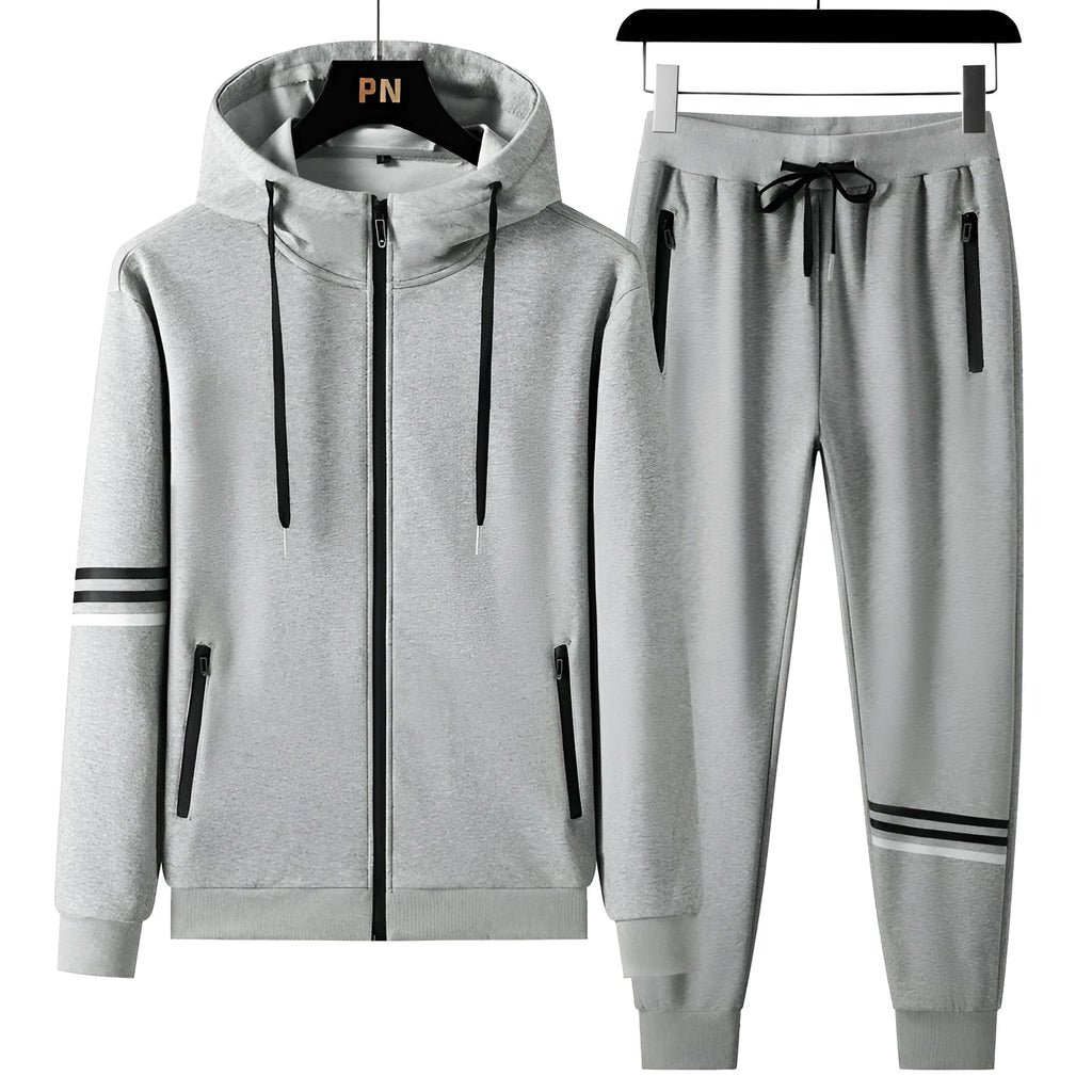 Men's cotton hooded sweatshirt and trousers two-piece set in grey, black, green, blue or white, sizes L to 6XL.