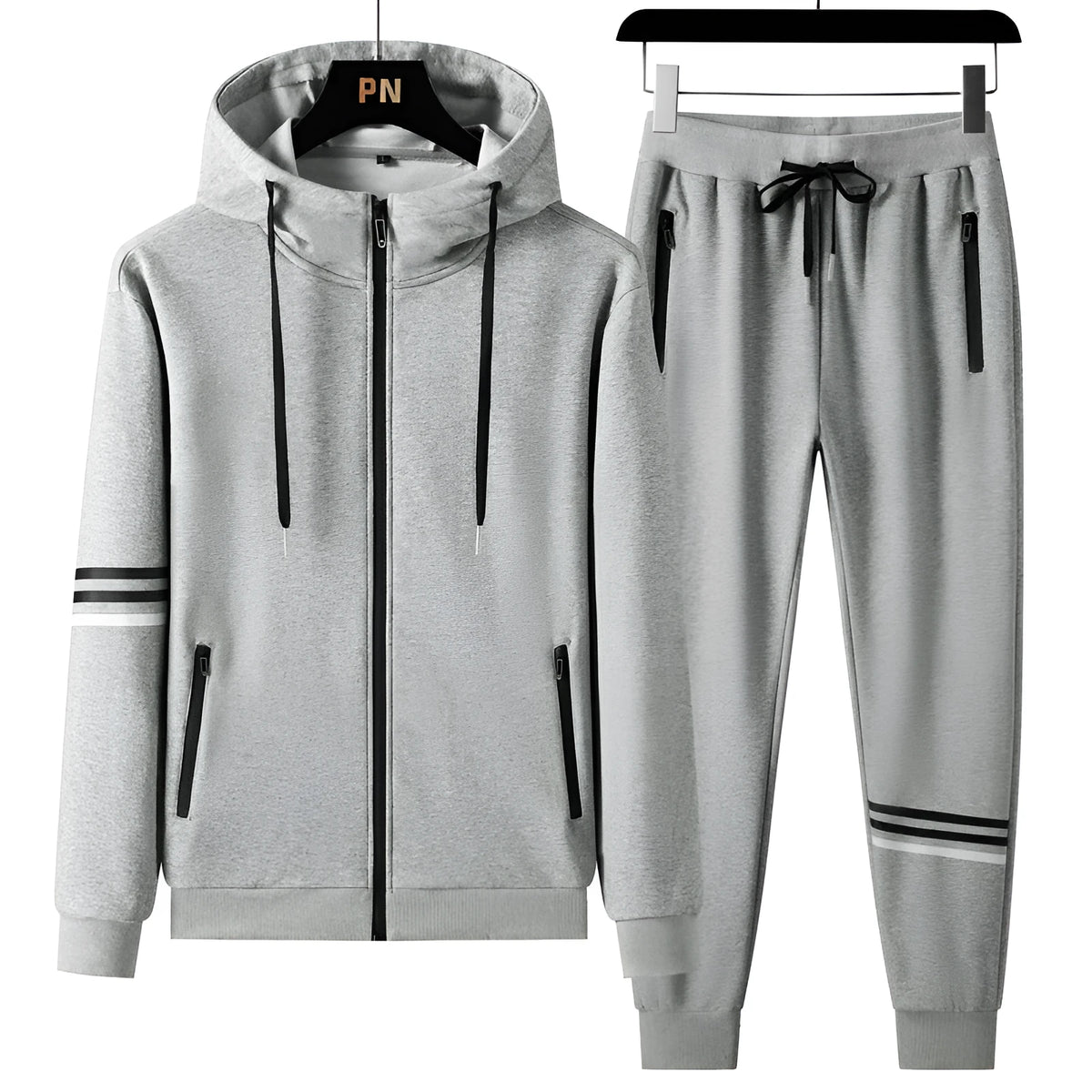 Men's cotton hooded sweatshirt and trousers two-piece set in grey, black, green, blue or white, sizes L to 6XL.