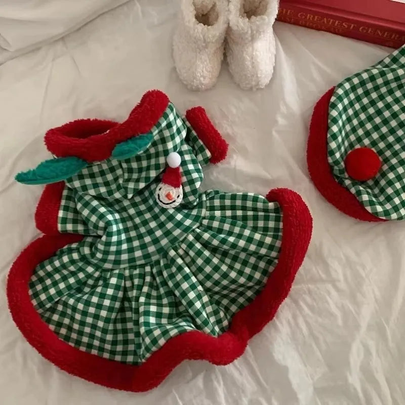 Plaid dog hoodie and Christmas pet princess dress in milk silk fabric, snowman pattern, sizes XS-XXL for small dogs and cats