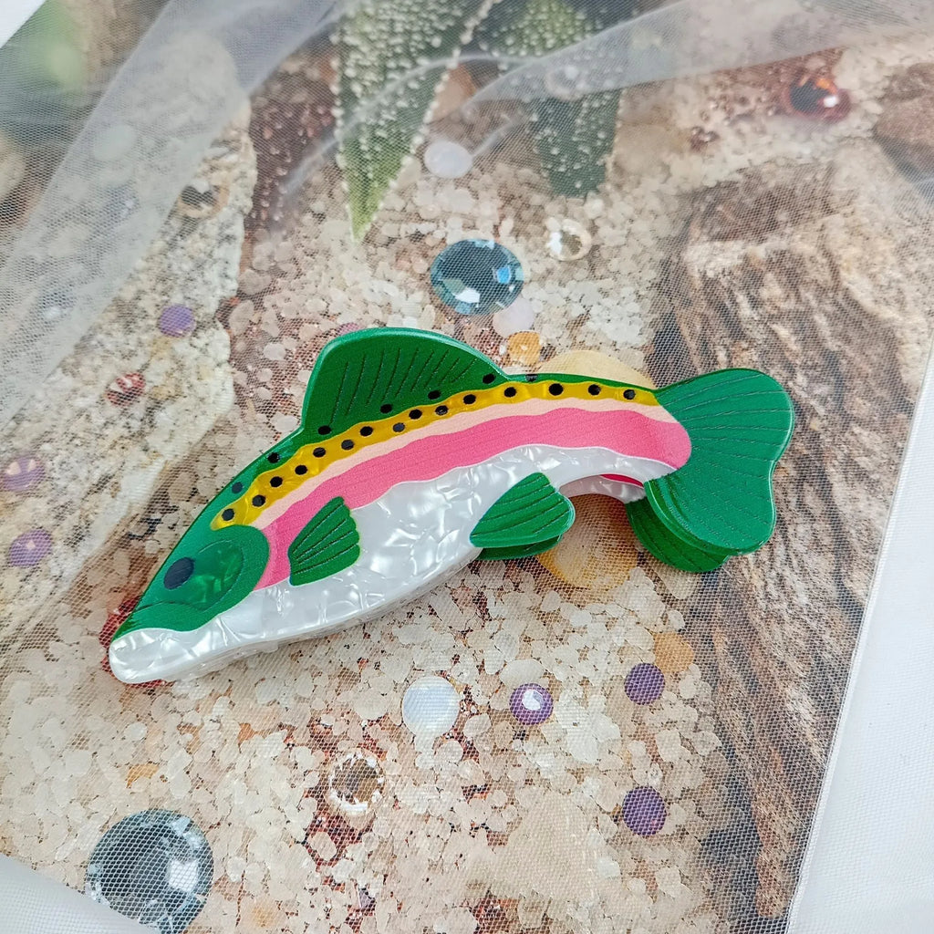 Dark green PVC hair clip with a printed design of a rainbow trout and a carp.