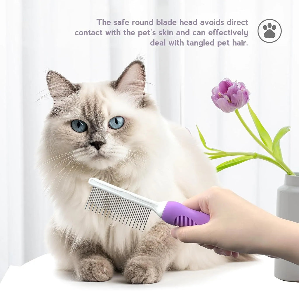 Purple pet grooming comb with stainless steel long and short teeth on a wooden surface.