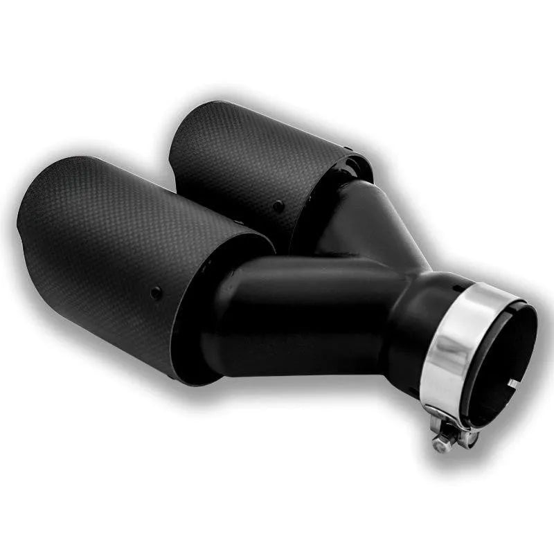Black carbon fibre car exhaust pipe with dual outlet design showing 250mm length