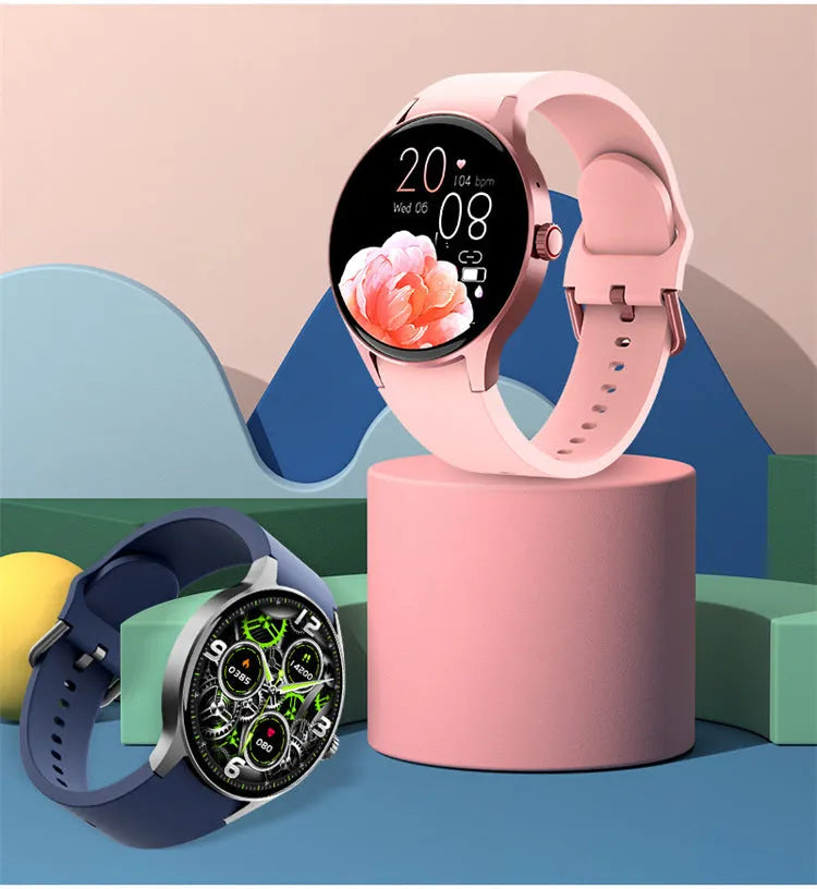 46mm diameter smart sport watch with round touchscreen displayed in black, blue, pink, or red colour options
