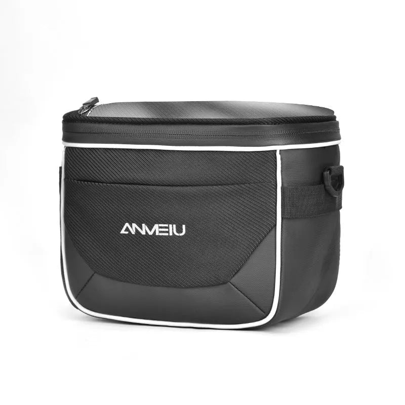Black 7 inch polyester bicycle handlebar bag mounted on bike