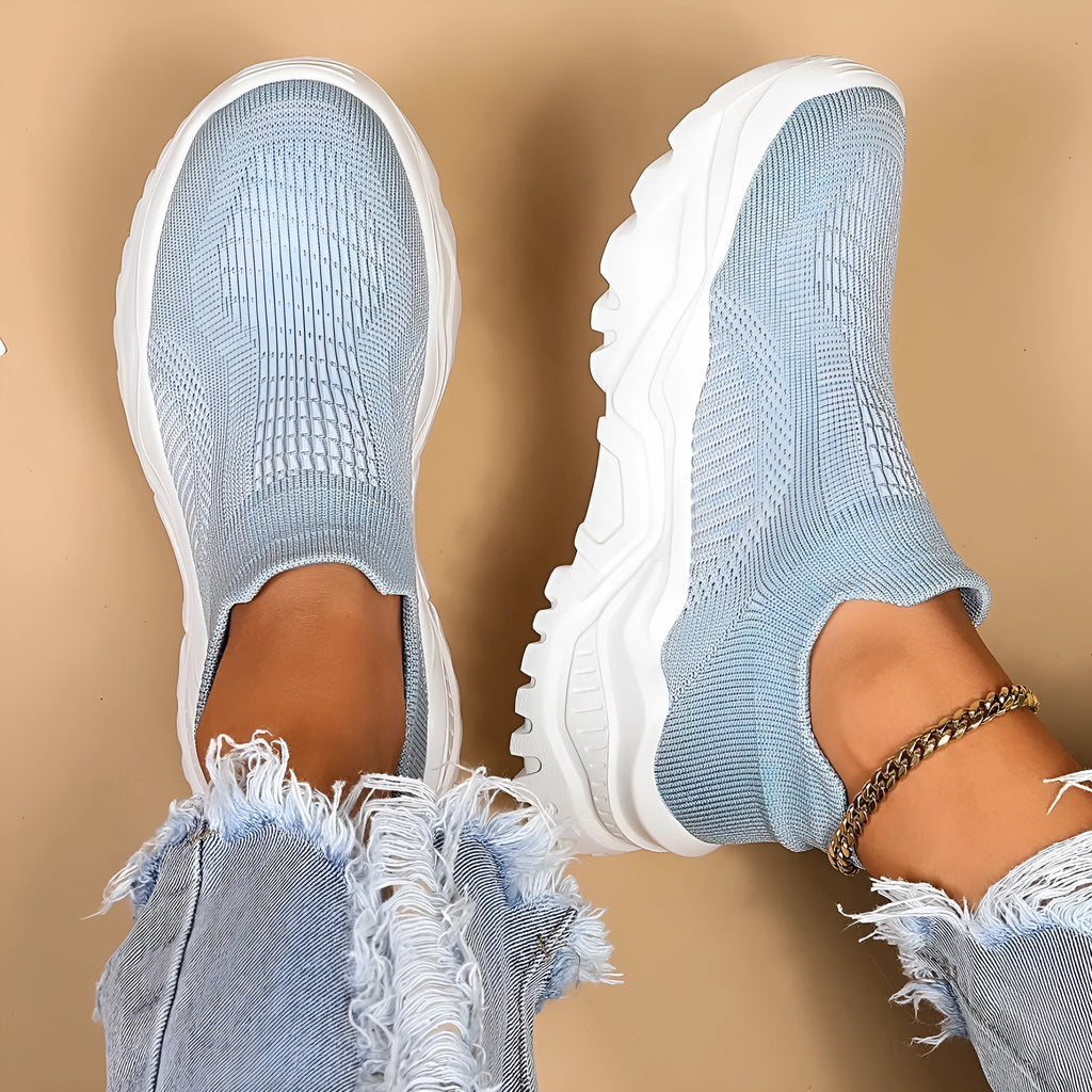 Light blue women's mesh slip-on shoes with round toe and mid heel