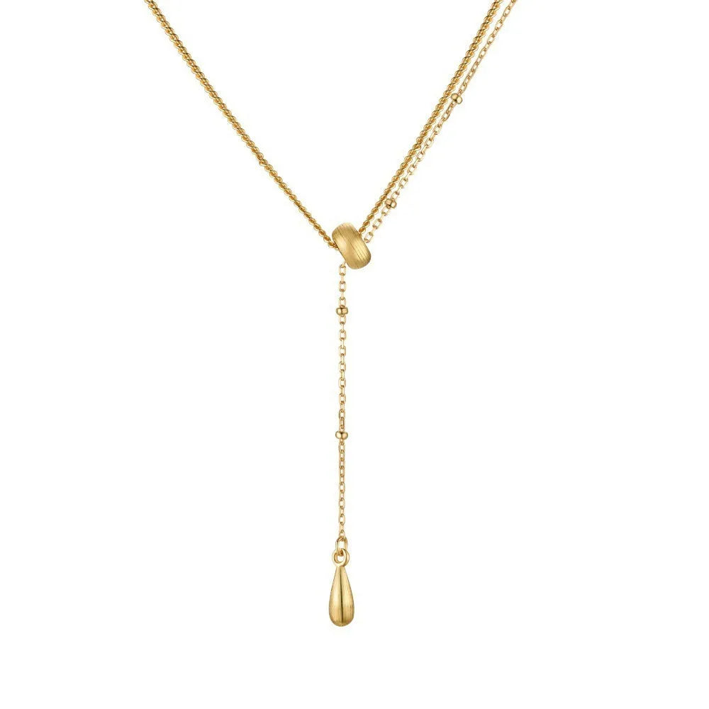 925 sterling silver women's clavicle chain necklace with double-layer stitching and water droplet pendant in gold finish