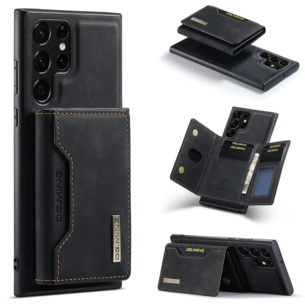 Magnetic card holder 2-in-1 wireless charging case for Samsung, black PU leather, card slot visible.