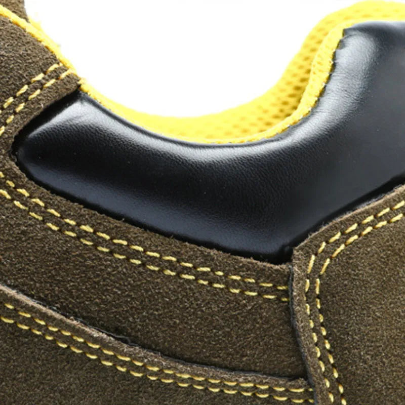Men's bronze cowhide steel toe safety work boots with anti-skid sole.