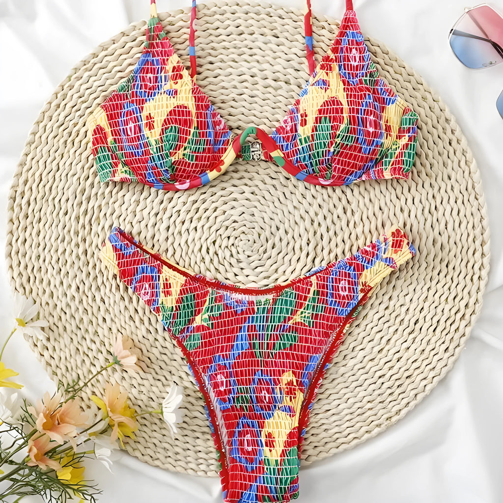 Red floral print women's underwire triangle bikini top and briefs set