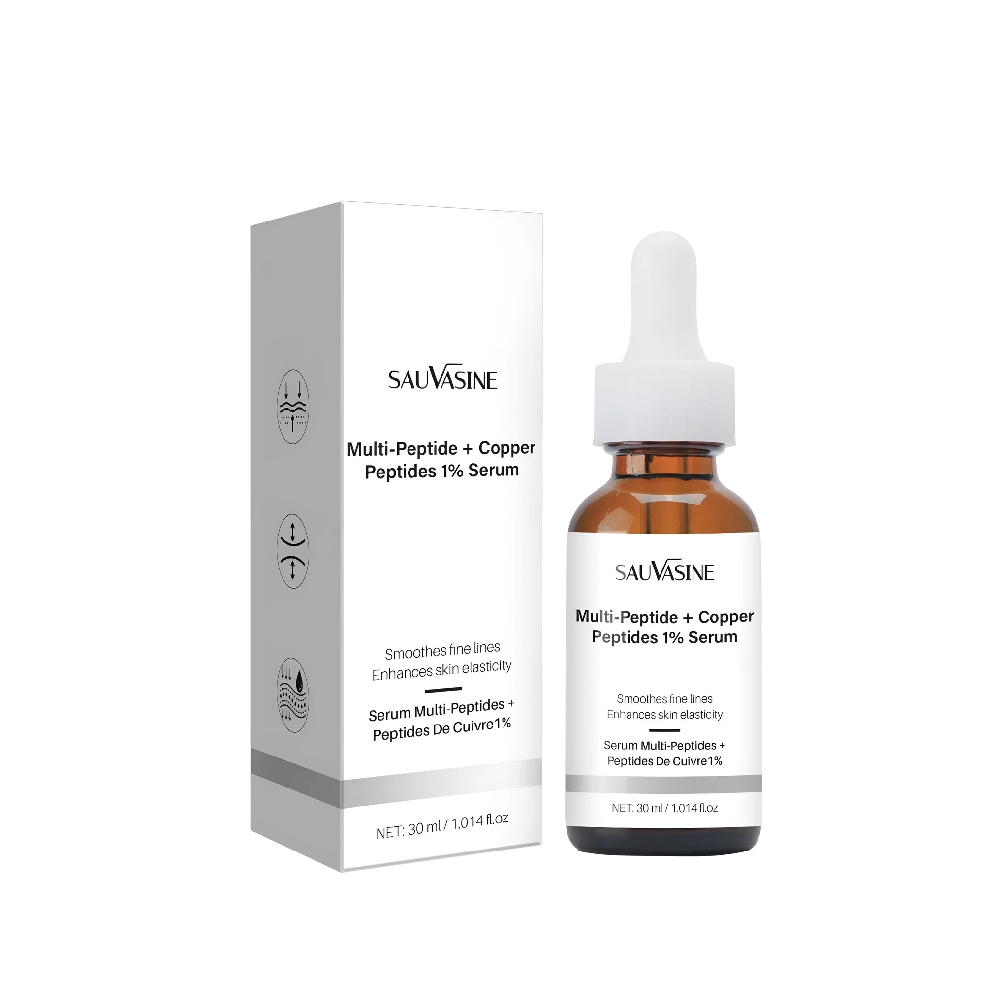 30ml bottle of moisturising oil for facial wrinkle treatment measuring 34.5 x 34.5 x 105 mm