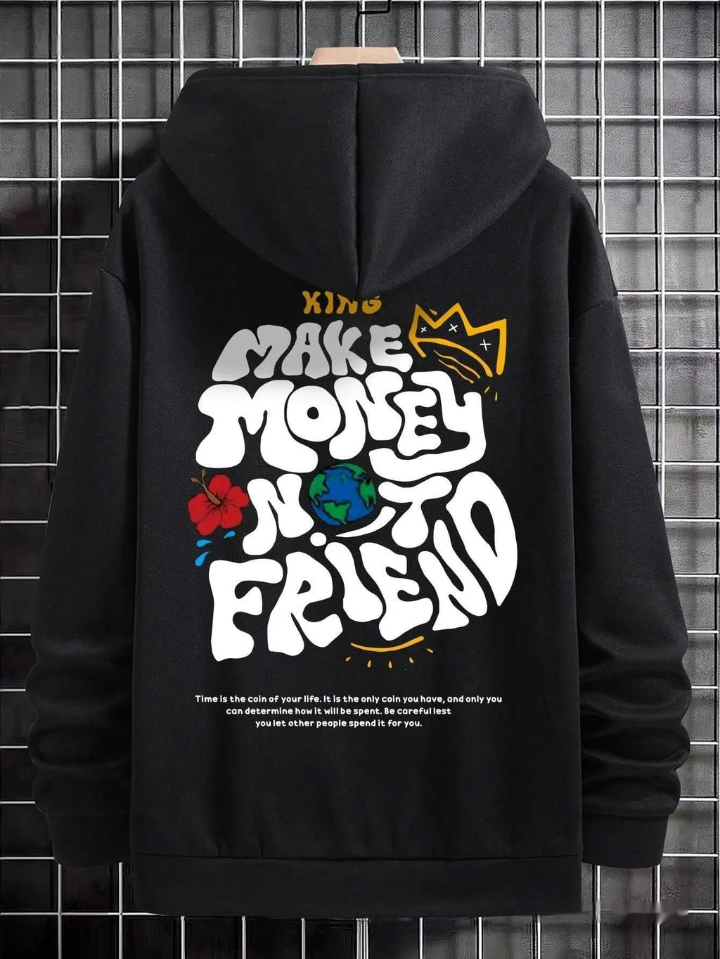 Harajuku hooded sweatshirt in black with printed design, polyester fibre fabric, women's casual top
