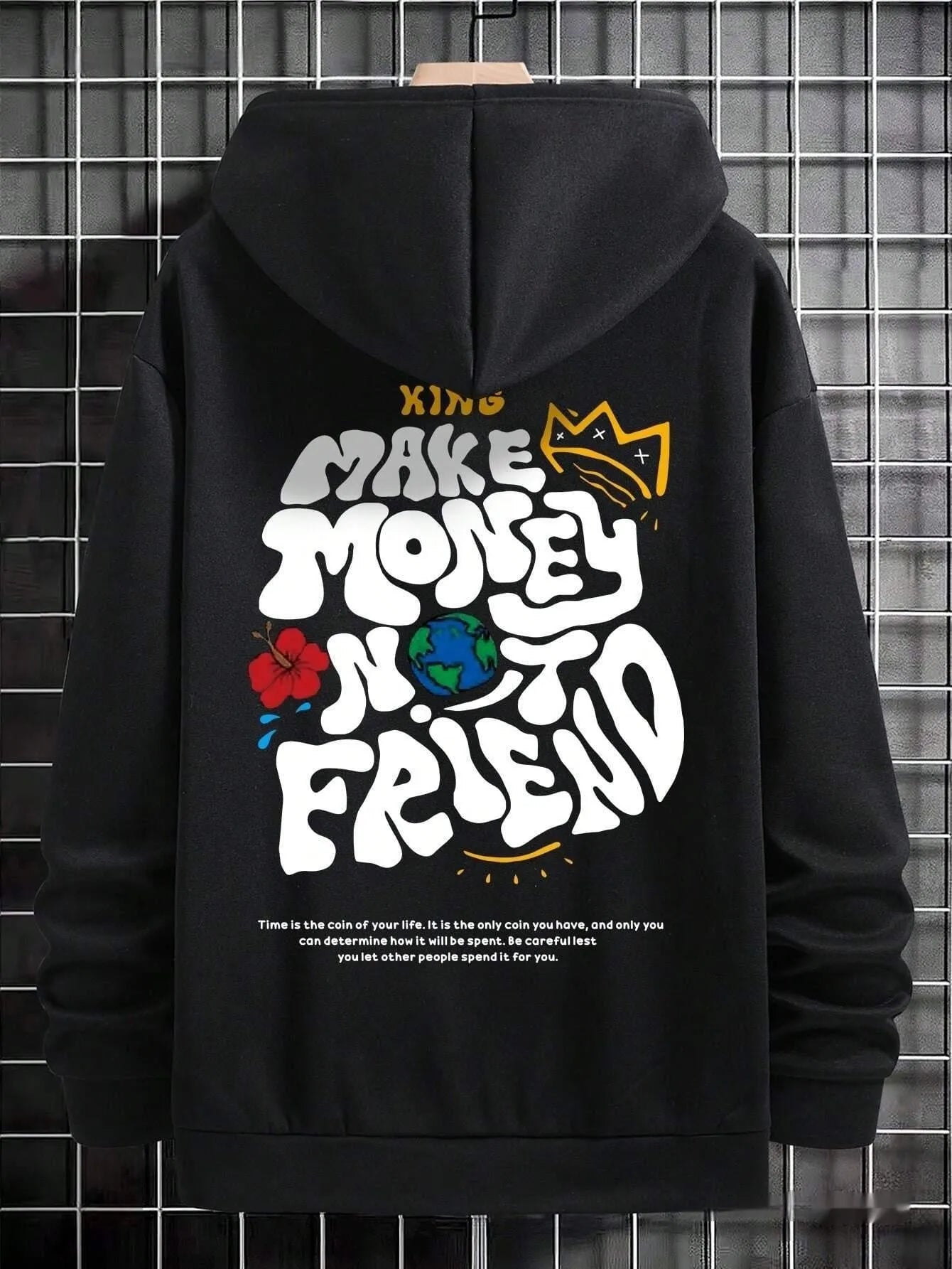 Harajuku hooded sweatshirt in black with printed design, polyester fibre fabric, women's casual top