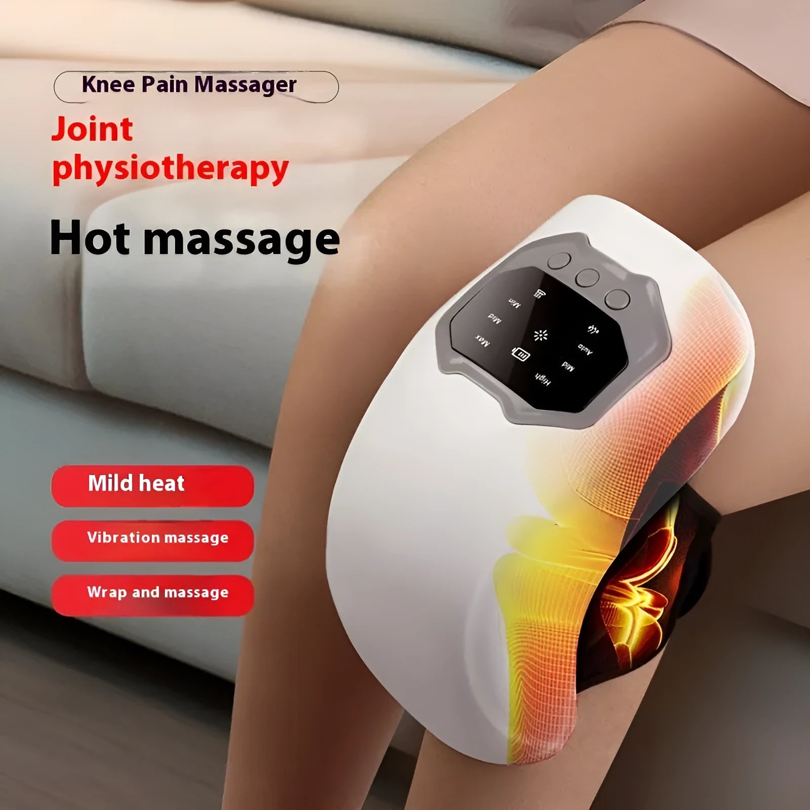 Wireless knee massager with red light heating in Moonlight White, showing the knee pad host and controls