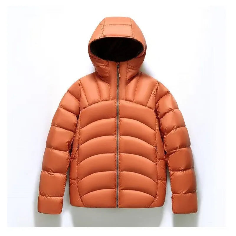 Unisex hooded down jacket in solid colour with 86-90% down fill, shown in five colour options and sizes S to 4XL