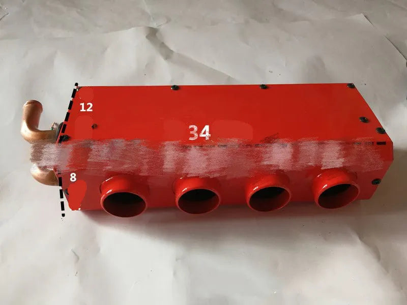Compact metal car heater with four copper pipe connections for small vehicle engine waste heat system