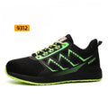Black labour protection shoes with steel toe caps, lace-up front, and flat-knitted uppers for workplace safety