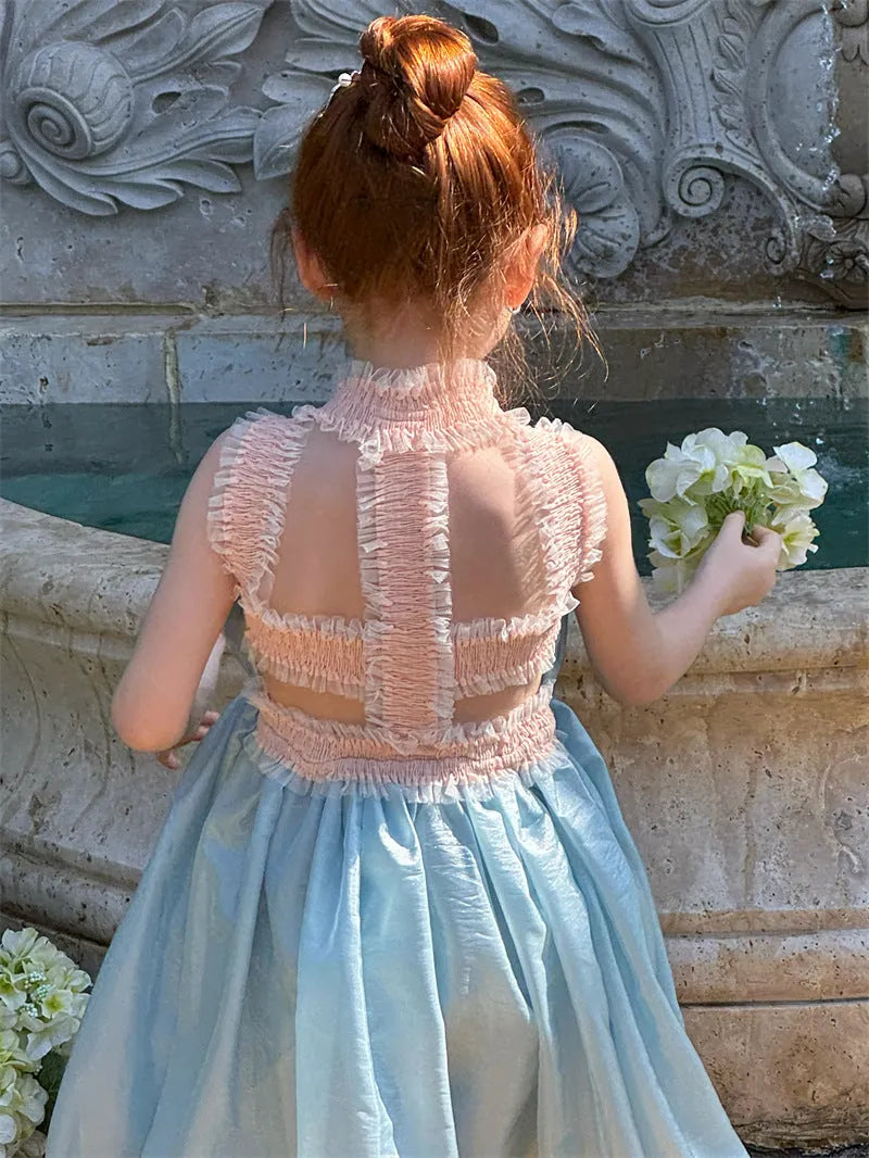 Light blue girls backless sleeveless dress with cotton lining