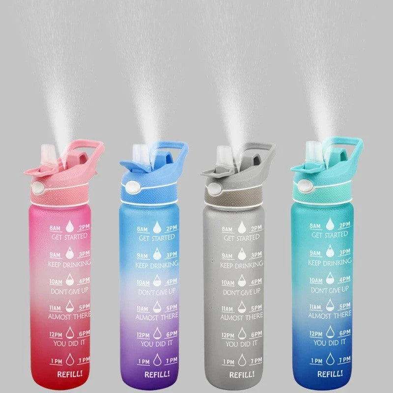 Premium reusable water bottle with one-touch open design, built-in sprayer, and personalized hydration tracking