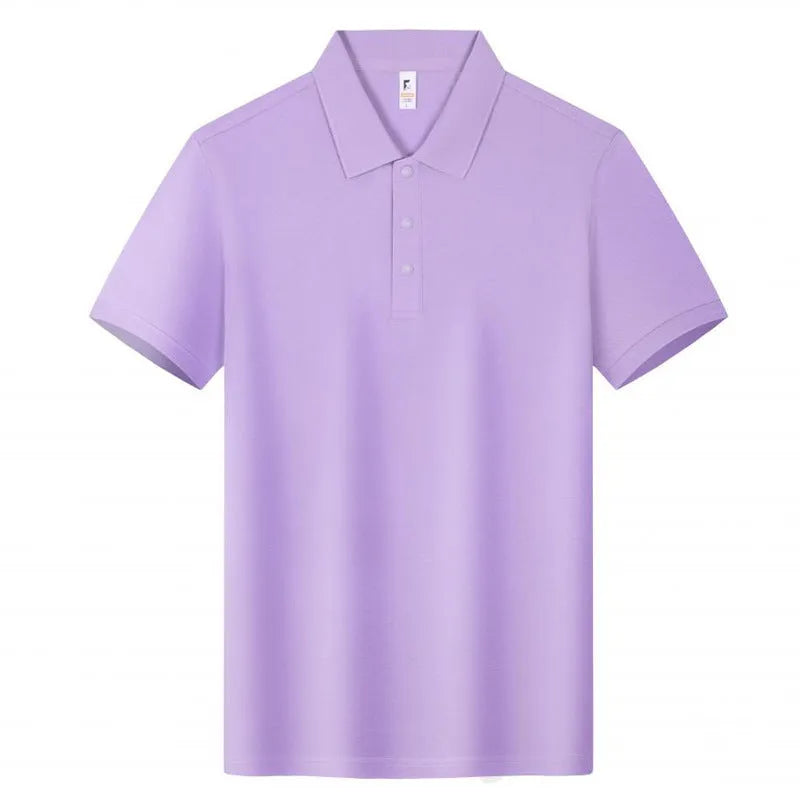 Short sleeve beige cotton polo shirt with a lapel collar on a hanger.