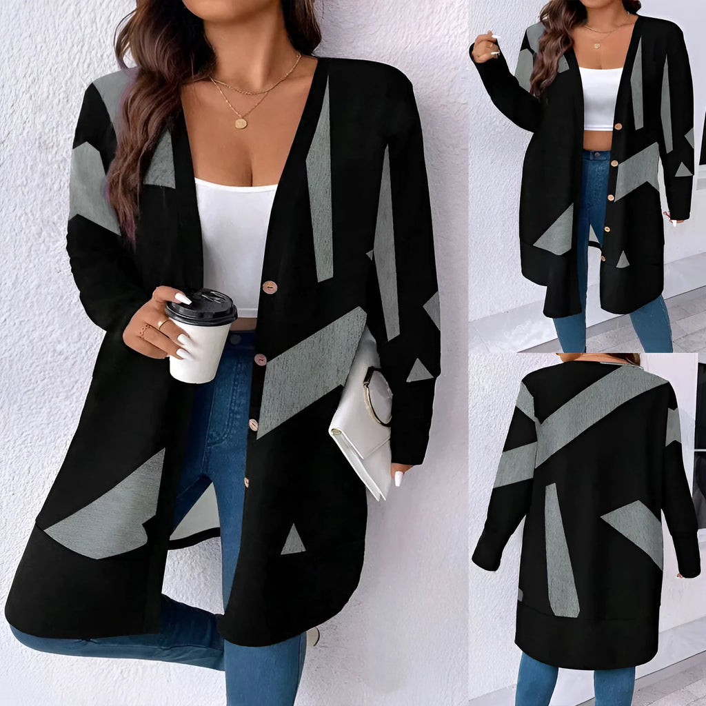 Black plus size casual coat cardigan with button stitching and print design, loose fit with regular sleeves