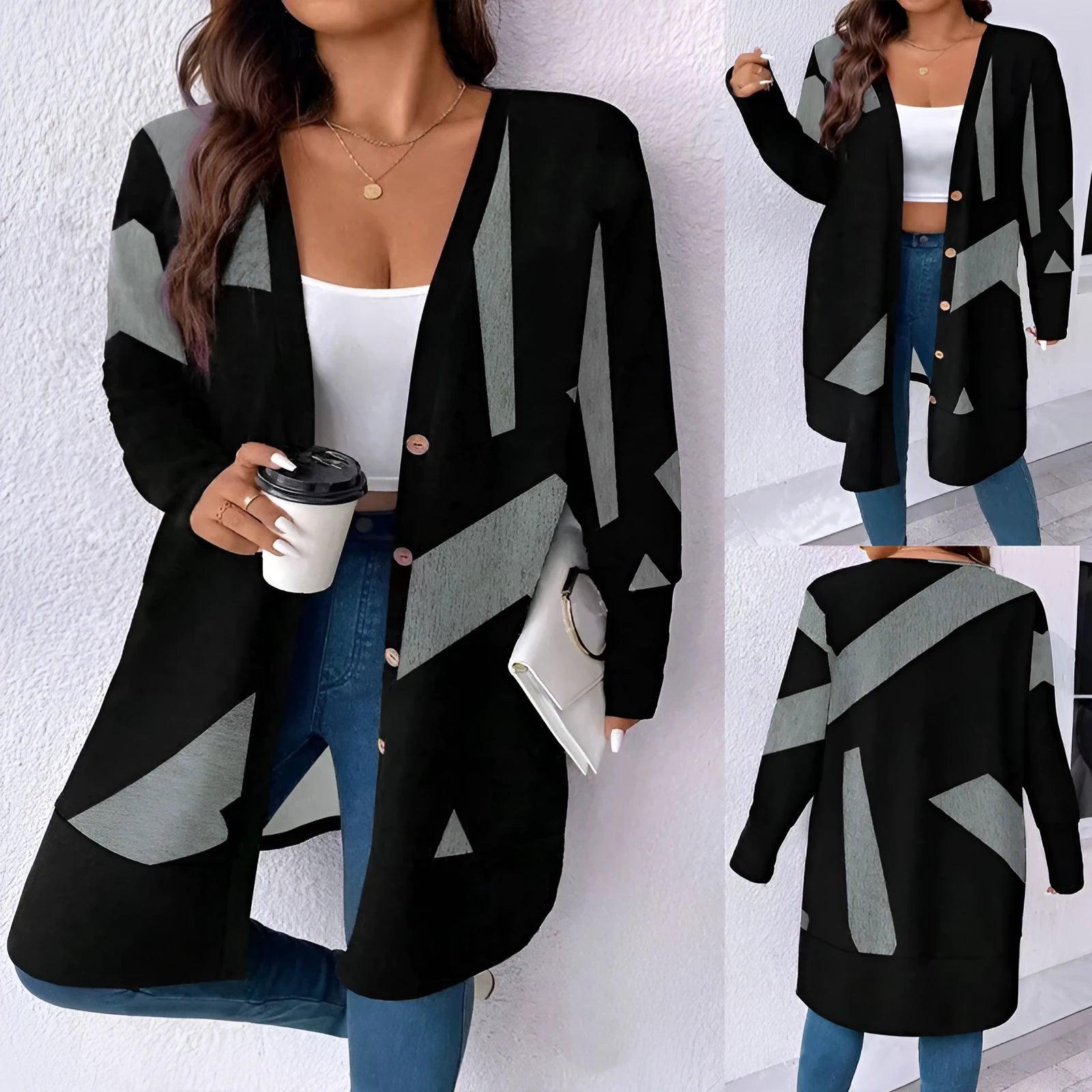 Black plus size casual coat cardigan with button stitching and print design, loose fit with regular sleeves