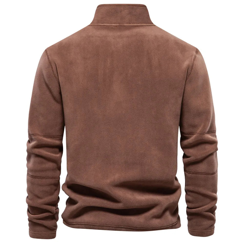 Men's stand-collar zippered sweatshirt with fleece lining in olive green, front view