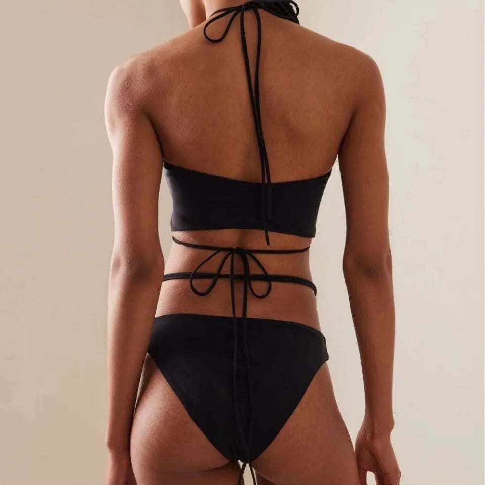 Black women's lace-up front bikini swimsuit with quick-drying nylon fabric