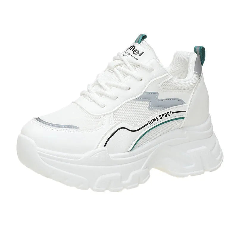 Women's white breathable dad shoes with height increasing insole and lace-up front.