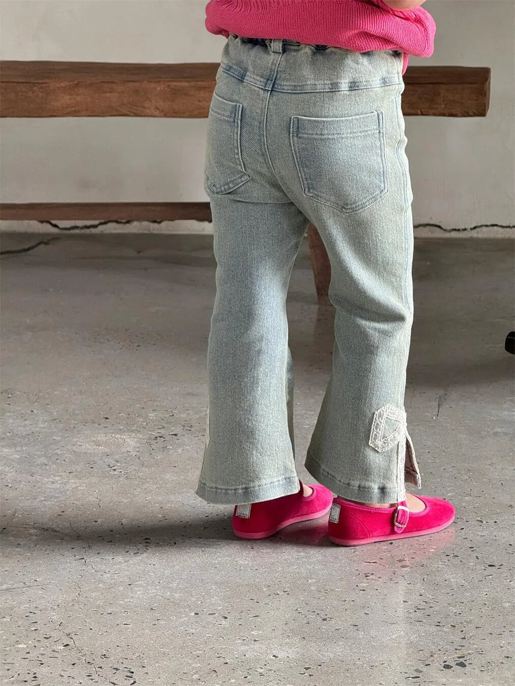 Vintage elastic lace bow bell-bottom pants in cotton denim, flared leg with lace detail, sizes 90-140cm