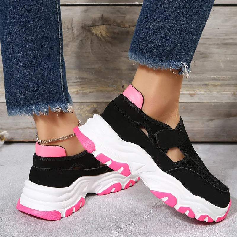 Women's mesh sport shoes with round toe, low heel, and Velcro fastening in a solid colour