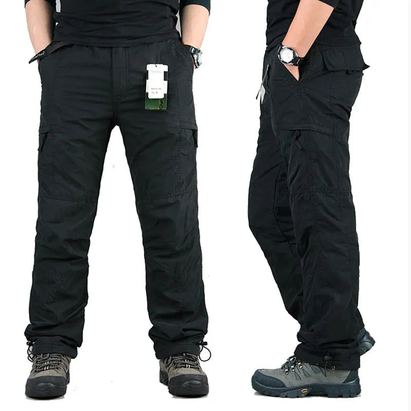 Men's cotton velvet overalls with wool lining in khaki, black, and army green colours showing loose fit and straight leg design
