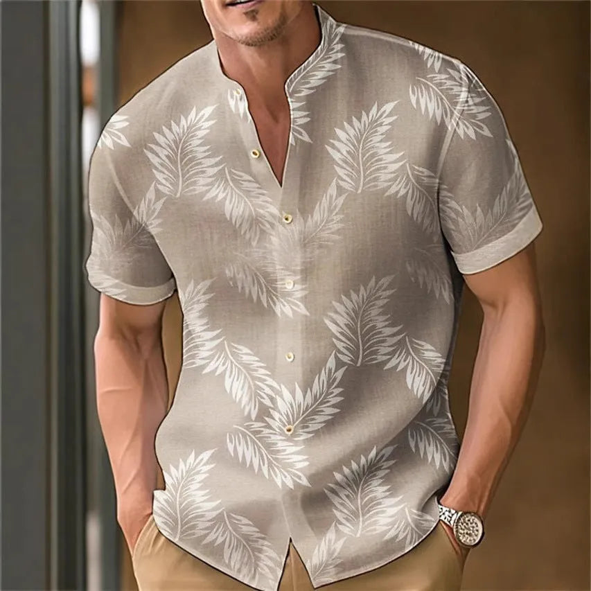Men's printed casual polyester shirt on a hanger, showing one of eight available colour options.