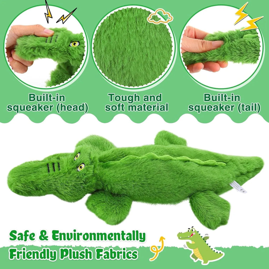 Dark green plush crocodile dog toy with no stuffing, squeaker, and crinkle paper