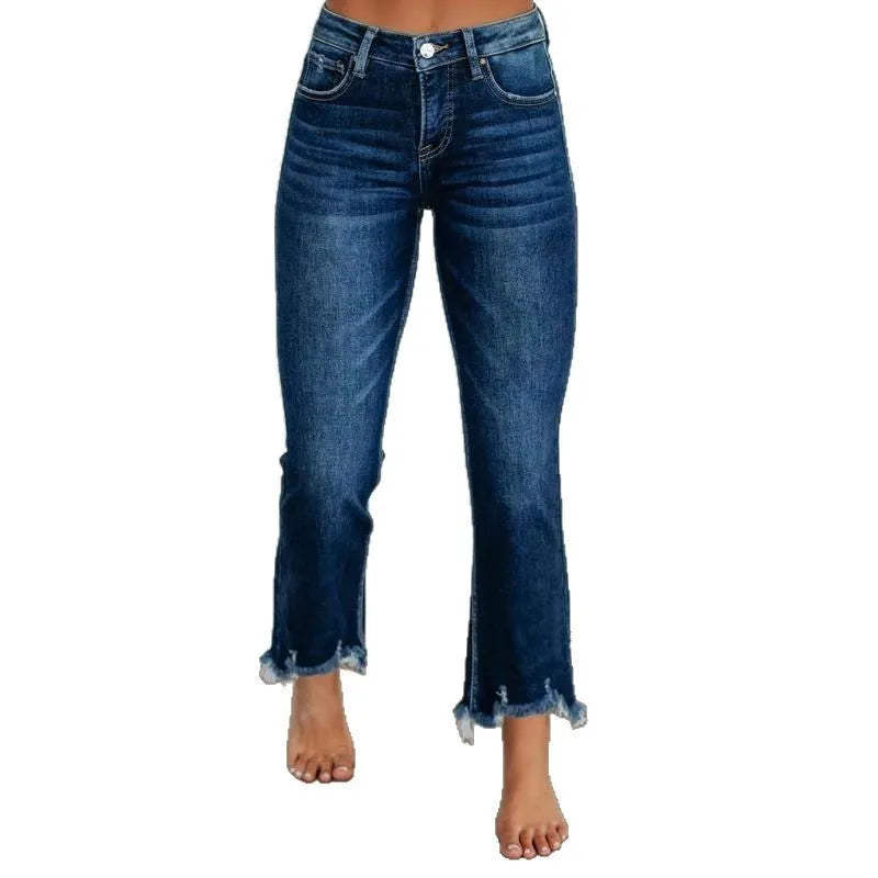 Women's solid colour denim trousers with hand-distressed detailing in dark blue