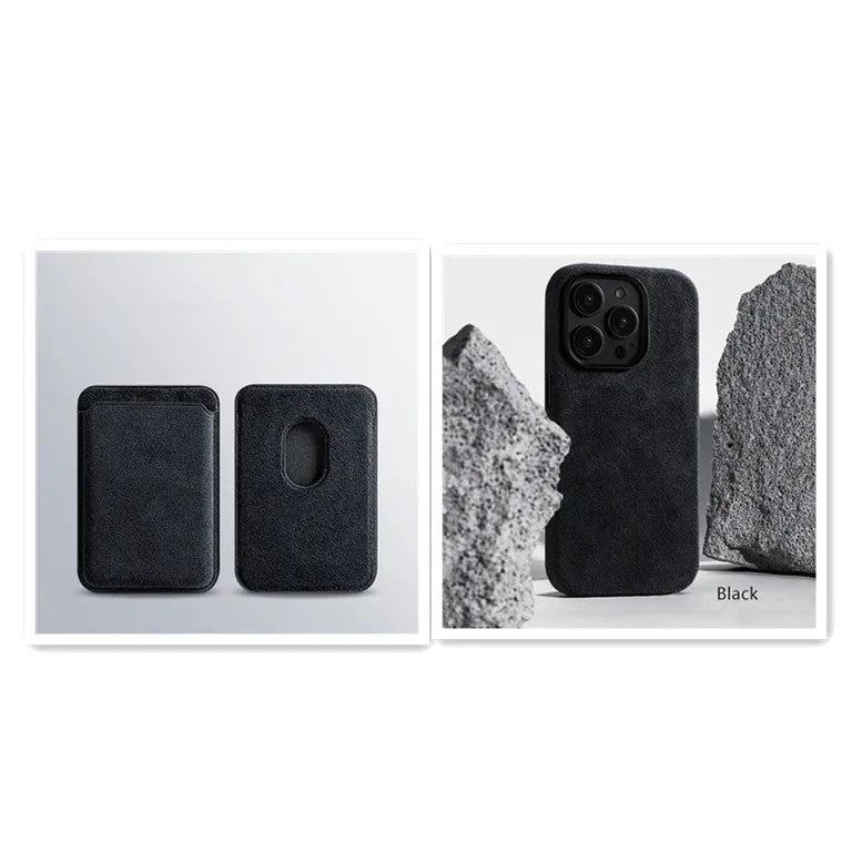 Suede magnetic wireless charging phone case in dark green, sea blue, dark purple, and black gray for iPhone models