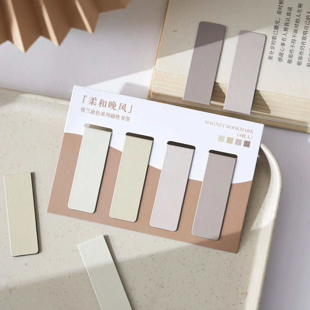 Four magnetic Morandi colour block bookmarks showing soft evening breeze, Lanshan breeze, gentle twilight and quiet distance variants