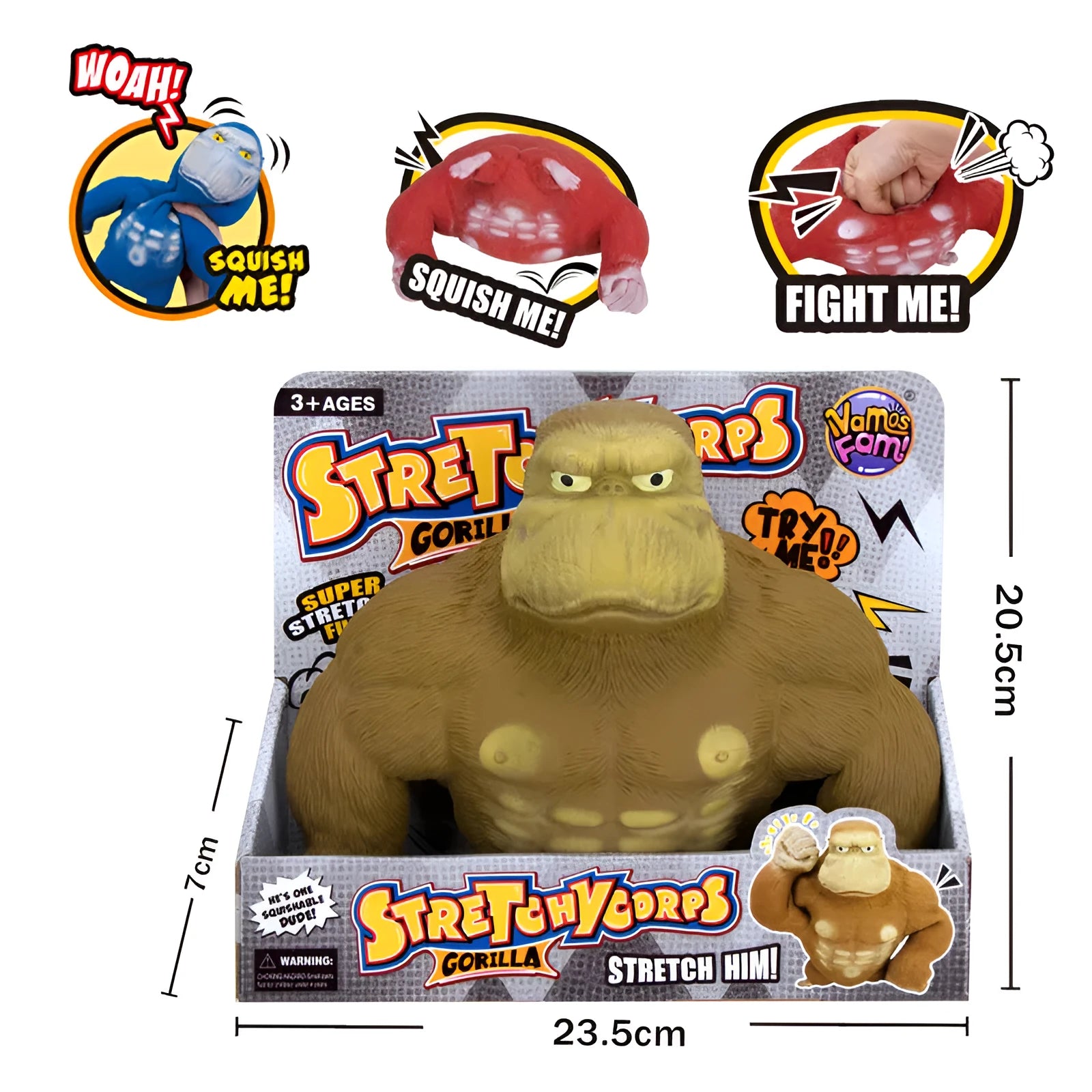 Yellow plastic orangutan decompression squeeze toy for stress relief on a plain background