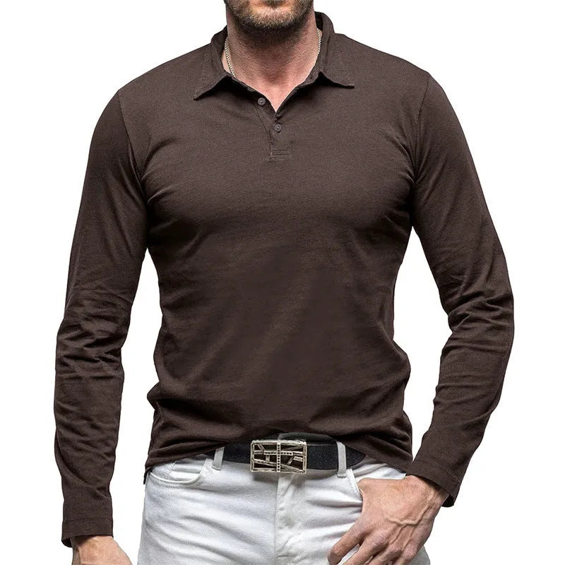 Men's dark grey cotton polo collar long sleeve t-shirt laid flat, showing American retro style.