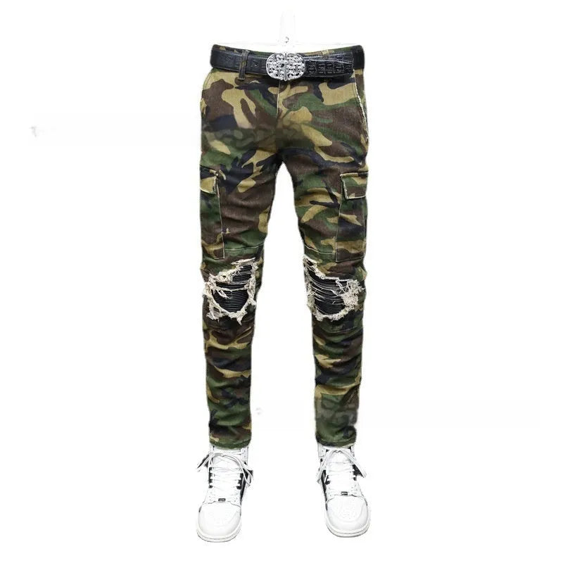 Men's camouflage broken hole jeans mid waist cotton trousers
