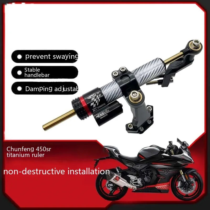 Directional damper bracket for CFMoto 450SR motorcycle with carbon fibre finish and adjustment gear.