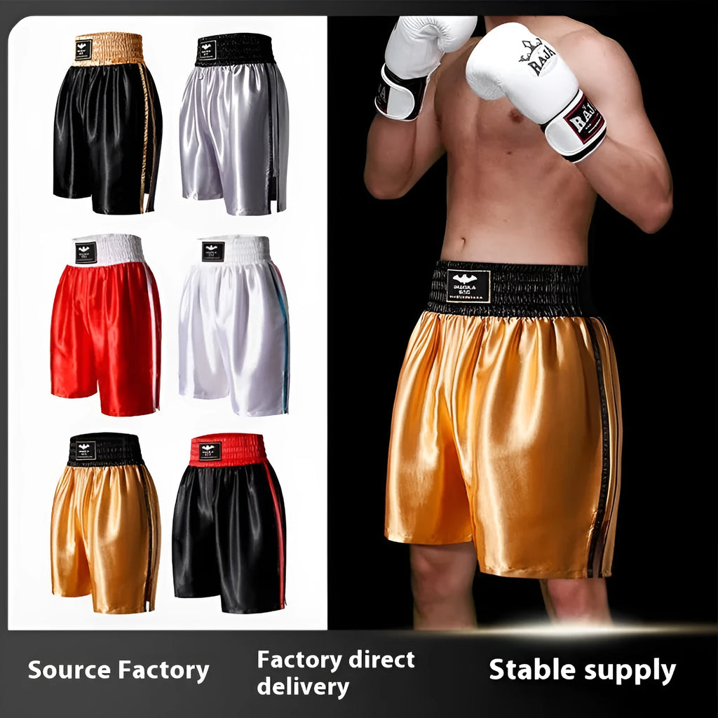 Professional boxing Sanda shorts in black red, double-layer nylon, sizes XXS-XXL, unisex adult fit.