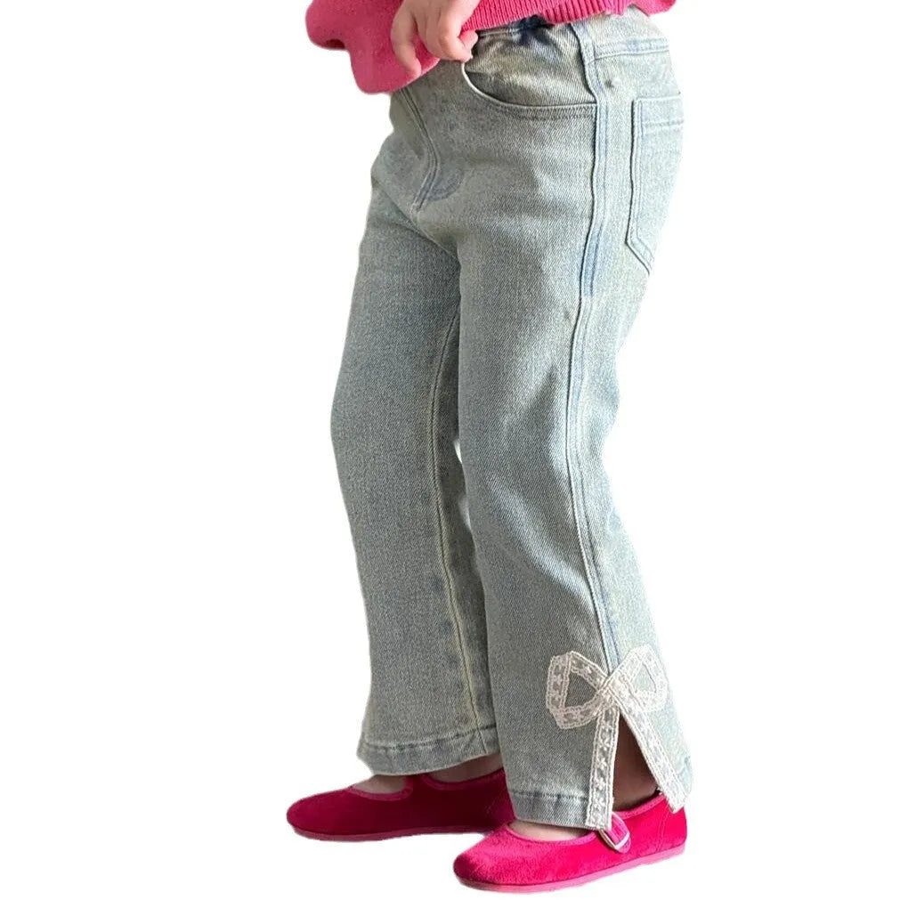 Vintage elastic lace bow bell-bottom pants in cotton denim, flared leg with lace detail, sizes 90-140cm
