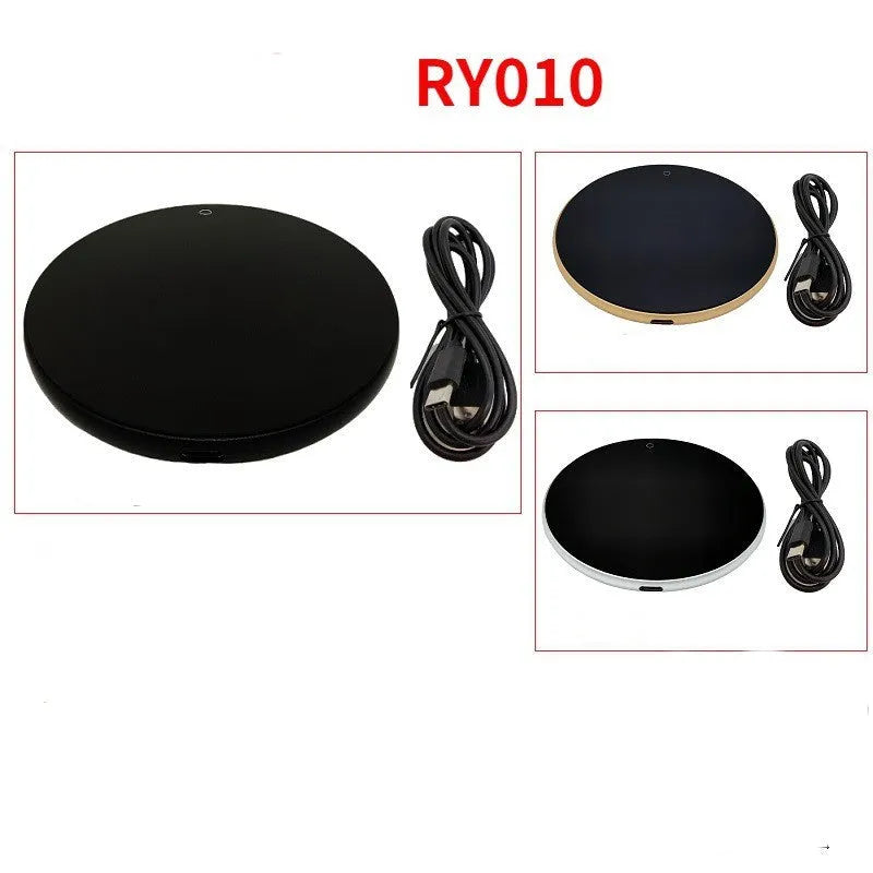 Black USB heating coaster with touch control for warming cups, showing three coloured indicator lights