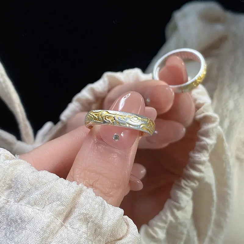Open mouth ring with J14 Xiangyun pattern in electroplated silver and gold finish on white copper