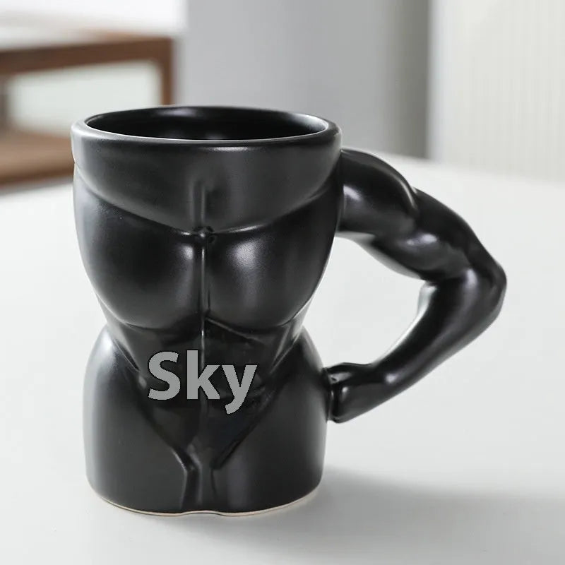 Matte black ceramic mug with muscle design and 300ml capacity