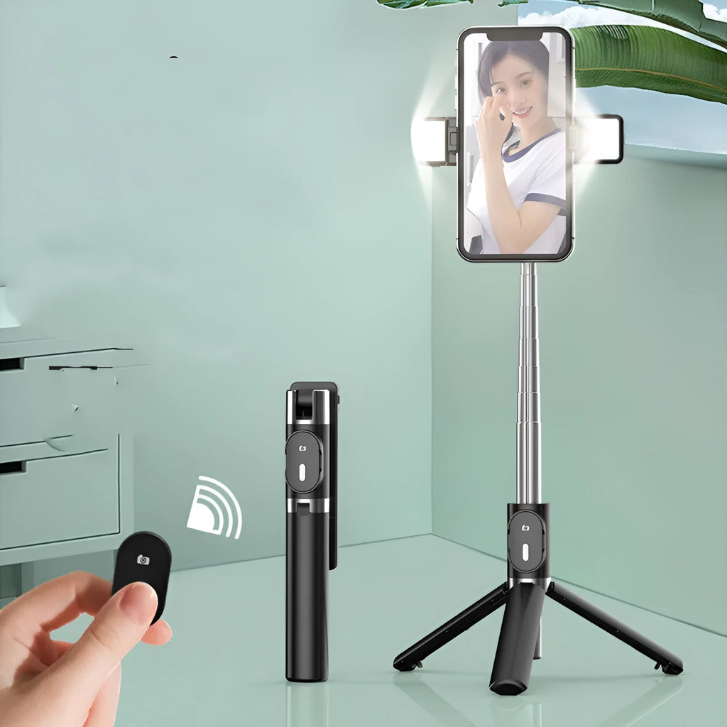 Black Bluetooth selfie stick with tripod legs extended and double fill light, compatible with iPhone